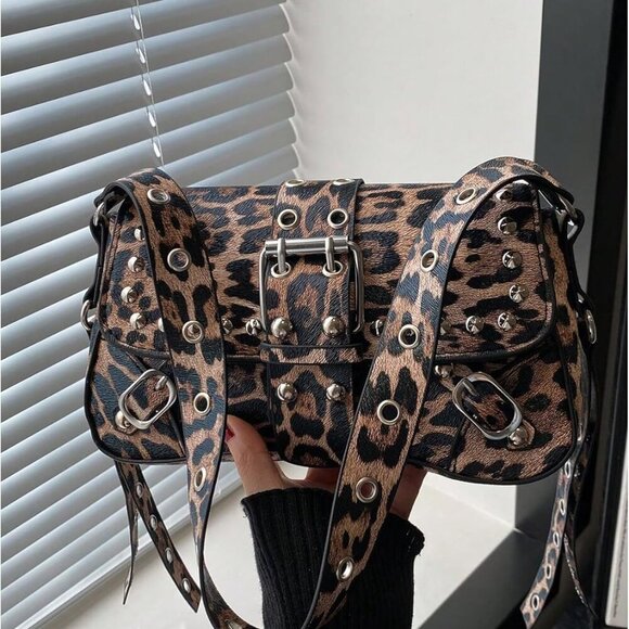 Women Y2K Leopard Shoulder Bag Punk Buckle Clutch with Studded Decor - Picture 2 of 6